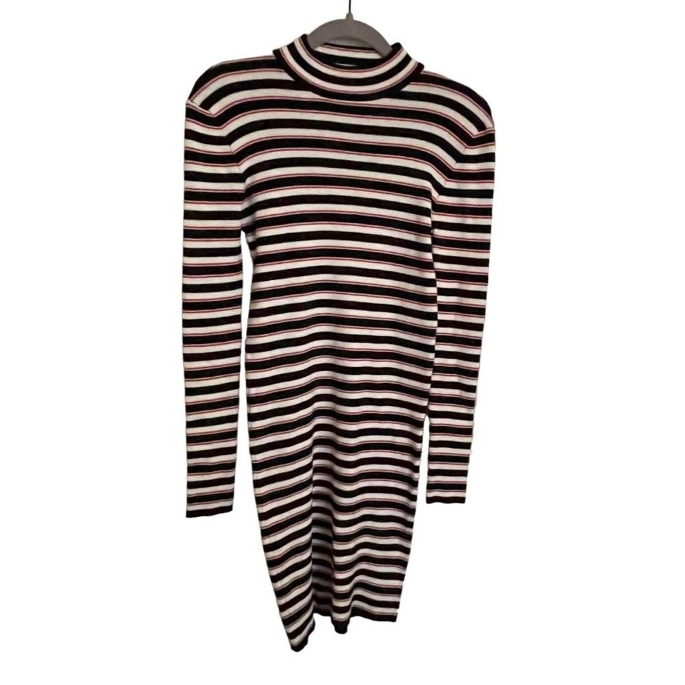 Forever‎ 21 Turtle Neck Ribbed Sweater Dress Medium Striped red black midi